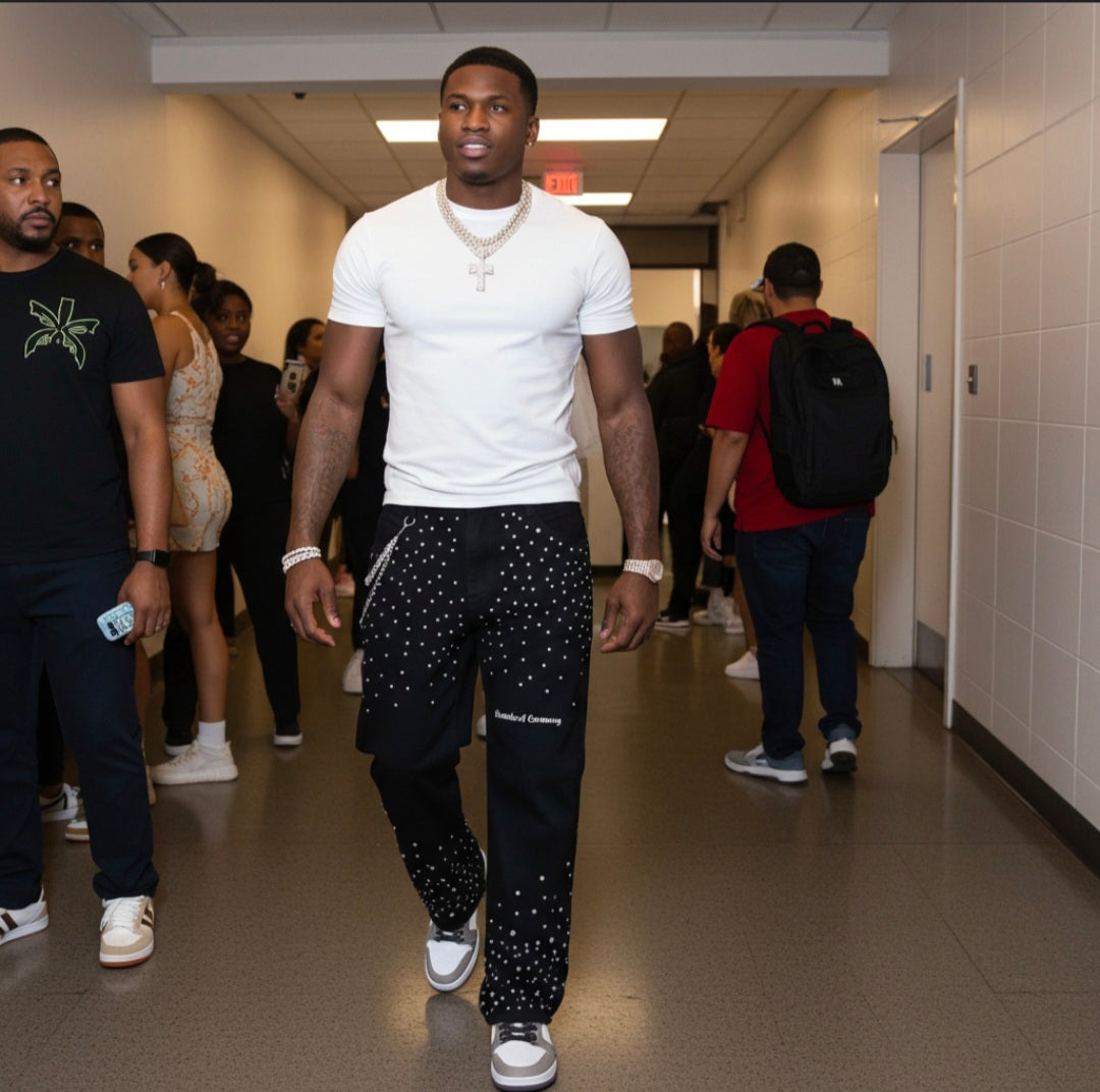 Jhaunta's Unisex Rhinestone - Embellished Relaxed Straight Leg Jeans - Designed Custom